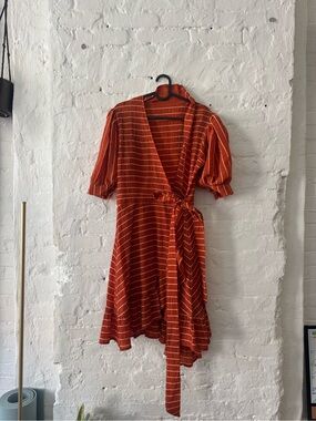 Scotch & Soda Striped Rust-Orange Wrap Dress with Puff Sleeves